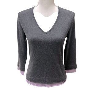 Magaschoni Cashmere V Neck Sweater 3/4 Sleeve Gray with Lavender Trim‎ Size M